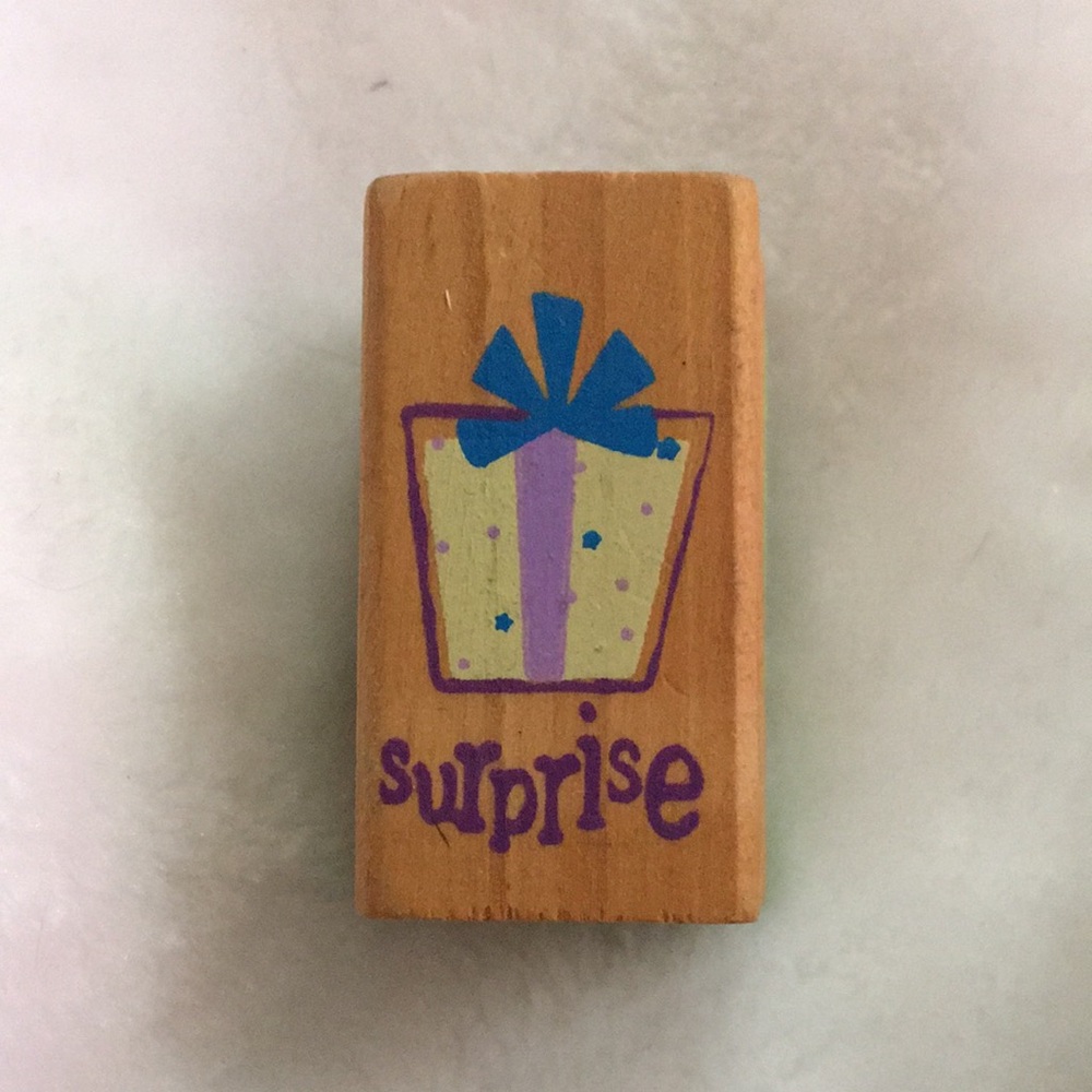 Surprise Wooden Stamp with Blue and Purple Design